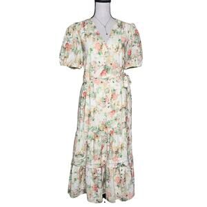 Alex Marie Floral Wrap Midi Dress Sz 4 Puff Sleeve Cottagecore Romantic Prairie
